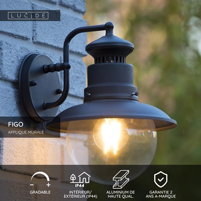 Lucide FIGO - Applique murale Intérieur/Extérieur - Ø 21,5 cm - 1xE27 - IP44 - Noir